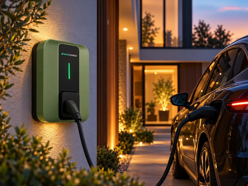 NRG Charge One smart EV charger in green, mounted outside a modern home and charging an electric car.